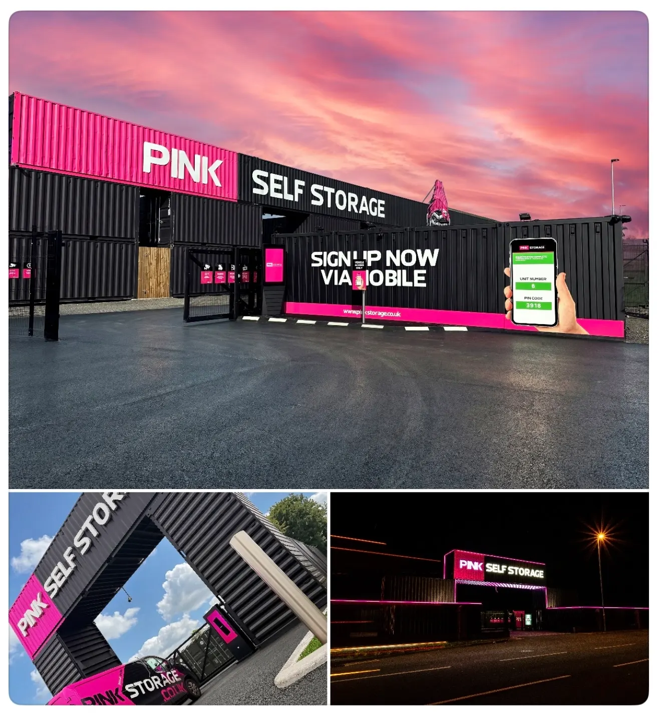 Pink Self Storage Kirkby-in-Ashfield container self storage facility photo collage Photo collage of Pink Self Storage's Kirkby-in-Ashfield facility with black shipping container storage units, bright pink self storage branding, secure gated vehicle access, and mobile sign-up advert, shown in daytime and night.